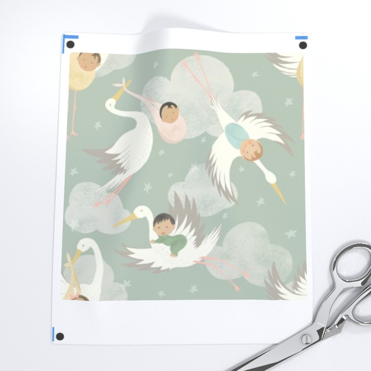 Stork And Baby Sage Green Baby Nursery Pastel Whimsical Cute Toddler Kid Custom Printed Fabric by Spoonflower Various Fabrics by the Yard or Fat Quarter